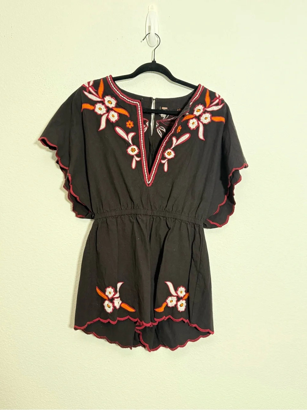 Free People Black Embroidered Romper Boho Festival Flutter Sleeve Floral Cotton